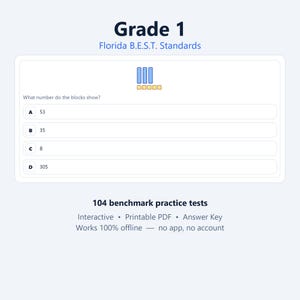 May include: A Grade 1 Florida B.E.S.T. Standards math practice test page featuring a multiple-choice question about counting blocks. The image displays three vertical blue columns of ten blocks and five yellow individual blocks with options A, B, C, and D.