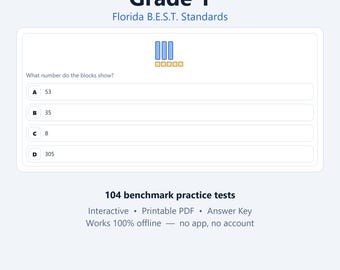 Könnte beinhalten: Eine Mathematik-Übungsaufgabe für die 1. Klasse nach Florida B.E.S.T. Standards mit einer Multiple-Choice-Frage zum Zählen von Blöcken. Das Bild zeigt drei vertikale blaue Zehnerblöcke und fünf gelbe Einzelblöcke mit den Optionen A, B, C und D.