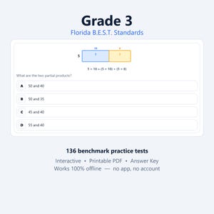 May include: A Grade 3 Florida B.E.S.T. Standards math worksheet featuring a multiplication problem with a visual area model. The problem asks for two partial products for 5 x 18, with multiple choice options A, B, C, and D provided below.