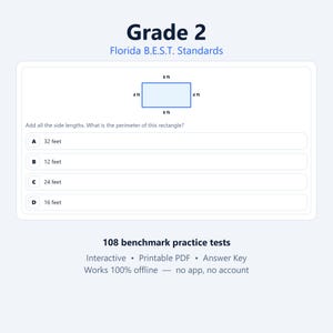 May include: A Grade 2 Florida B.E.S.T. Standards math worksheet featuring a rectangle with side lengths of 8 ft and 4 ft. The text asks to add all side lengths to find the perimeter, with multiple-choice options A, B, C, and D provided below.