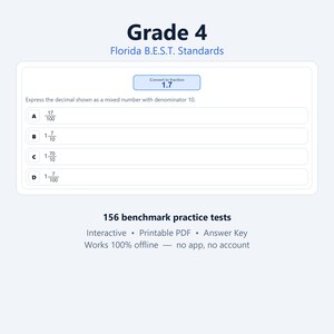 May include: A Grade 4 Florida B.E.S.T. Standards math practice test page featuring a multiple-choice question to convert the decimal 1.7 into a mixed number with a denominator of 10, with options A, B, C, and D, plus 156 benchmark practice tests text.