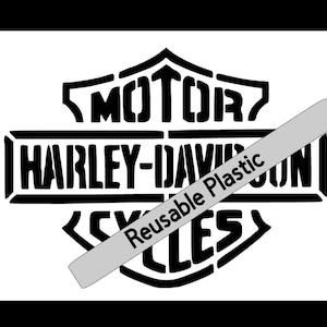 May include: Black and white Harley-Davidson logo with the words "MOTOR HARLEY-DAVIDSON CYCLES" in a shield design. A gray rectangle with the words "Reusable Plastic" is diagonally across the logo.