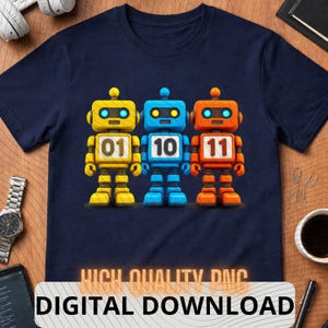 May include: Navy blue t-shirt featuring three colorful robot characters. The robots are yellow, blue, and orange, each with a different number on their chest: 01, 10, and 11. The text "HIGH QUALITY PNG DIGITAL DOWNLOAD" is at the bottom.