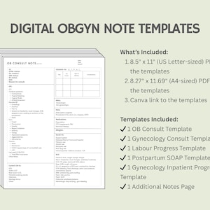 Op de afbeelding: Digitale OBGYN-notitiesjablonen. De afbeelding toont een stapel OB Consult Note-sjablonen. De tekst bevat "Wat is inbegrepen" en "Sjablonen inbegrepen", met de sjablonen en formaten. De sjablonen zijn US Letter- en A4-formaat.