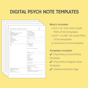 May include: Digital Psych Note Templates, including a Psychiatry Consult Note, Progress Note, and an additional notes page. The templates are available in US Letter and A4 sizes. The image shows a stack of white paper templates with black text on a yellow background.