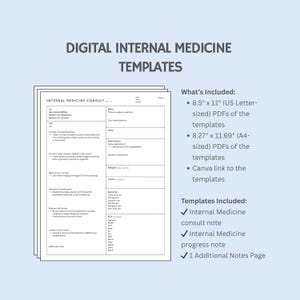 Könnte beinhalten: Digitale Vorlagen für Innere Medizin. Enthält PDF-Vorlagen im US-Letter- und A4-Format für Konsultationsnotizen, Fortschrittsnotizen und eine zusätzliche Notizseite. Die Vorlagen sind über einen Canva-Link verfügbar.