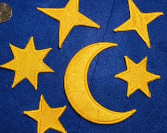 Półksiężyc i różne gwiazdy (mieszanka czarodziejów) – naszywki do prasowania (6 sztuk)
