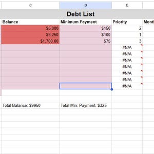 May include: A spreadsheet titled "Debt List" displays financial data. Columns include Debt Name, APR, Balance, Minimum Payment, and Priority. Rows show debt details for Capital One, Bank of America, and Discover, with corresponding financial figures.