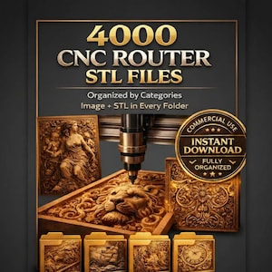 May include: An advertisement for 4000 CNC Router STL Files, showing examples of carved wooden panels and a CNC router. The text highlights 'Organized by Categories' and 'Instant Download'. The image includes folder icons and a badge indicating 'Commercial Use' for the digital files.