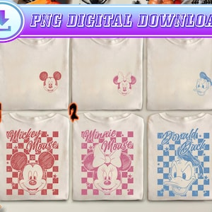 May include: White t-shirts featuring Mickey Mouse, Minnie Mouse, and Donald Duck designs. The shirts have various graphics, including character faces and names, with a retro checkerboard pattern. "PNG DIGITAL DOWNLOAD" text is at the top.