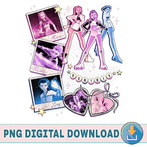 Puede incluir: Gráfico de descarga digital con un grupo de figuras femeninas estilizadas, la palabra "HUNTRIX" y el texto "PNG DIGITAL DOWNLOAD". El diseño incluye imágenes tipo polaroid de los personajes.