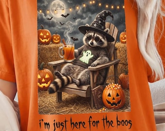 Funny Raccoon Halloween Shirt, I'm Just Here for the Boos Tee, Comfort Colors Fall T-Shirt, Retro Introvert Halloween Top, Spooky Season