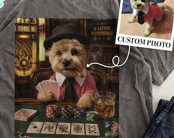 Custom Dog Playing Poker Shirt, Personalized Pet Photo Tee, Funny Casino Dog Shirt, Cigar Whiskey Gift for Dog Lover, Poker Night Gift