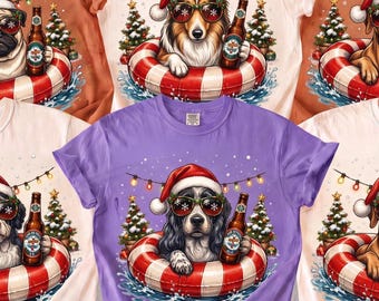 Funny Dog Christmas Shirt, 80+ Breeds Comfort Colors Beer Drinking Dog Tee, Custom Breed Chilling Pool Float Holiday Gift, Retro Xmas