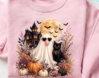 Spooky Cute Ghost Sweatshirt, Retro Bubblegum Ghost Shirt, Boho Black Cat Sweater, Cozy Comfort Colors Halloween Pullover