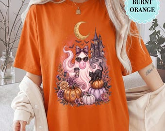Cute Ghost Coffee Shirt, Pastel Halloween Comfort Colors Tee, Spooky Season Coquette, Pink Ghost Black Cat, Fall Aesthetic Top