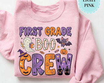 First Grade Boo Crew Sweatshirt, Comfort Colors Teacher Halloween, Cute Spooky Season Pullover, 1st Grade Team Fall Apparel
