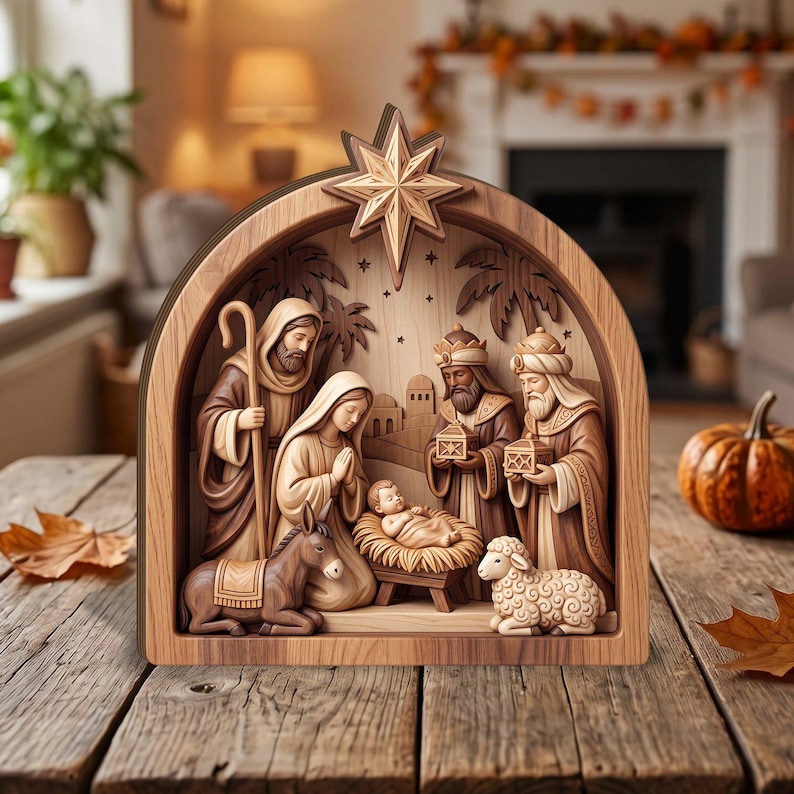 Rustic Nativity Background Nativity Scene Wooden Block, Faux 3D Carved Wood Look, Holy Family ...