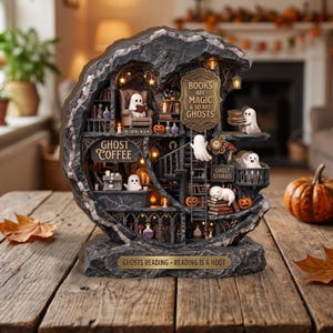 May include: A crescent-shaped, dark stone-textured diorama featuring multiple levels with miniature white ghosts, bookshelves, a coffee station, and pumpkins. Text reads: BOOKS ARE MAGIC & SO ARE GHOSTS, GHOST COFFEE, GHOST STORIES, and GHOSTS READING - READING IS A HOOT.