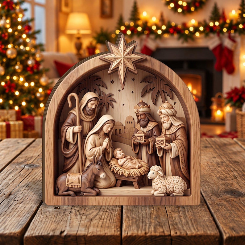 Rustic Nativity Background Nativity Scene Wooden Block, Faux 3D Carved Wood Look, Holy Family ...
