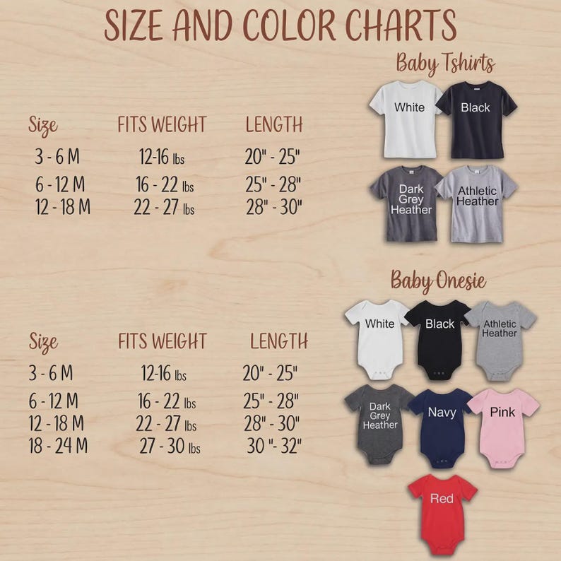 Puede incluir: Tablas de tallas y colores para camisetas y bodies de beb&eacute;. La tabla incluye tallas 3-6M, 6-12M, 12-18M y 18-24M, con las medidas de peso y longitud correspondientes en pulgadas y libras. Los colores disponibles son blanco, negro, gris oscuro jaspeado, jaspeado atl&eacute;tico, azul marino, rosa y rojo.