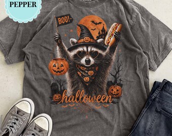 Funny Raccoon Halloween Shirt, Comfort Colors Retro Spooky Tee, Trash Panda Witch Graphic Top, Cute Animal Fall Apparel, Hot Dog Meme