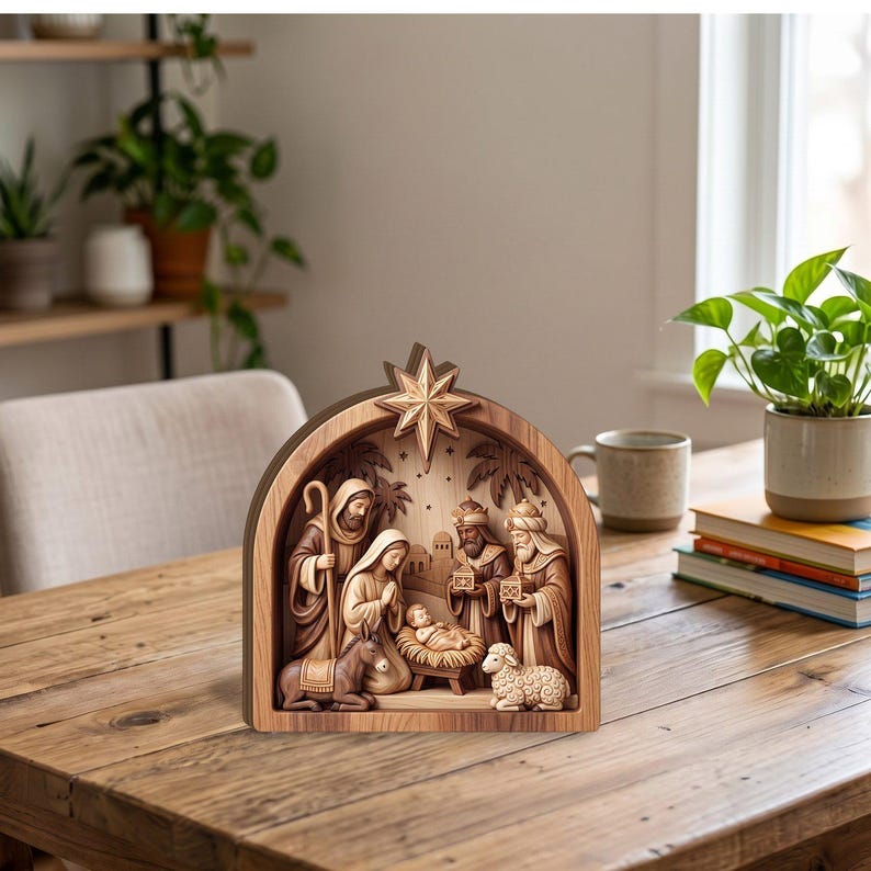 Rustic Nativity Background Nativity Scene Wooden Block, Faux 3D Carved Wood Look, Holy Family ...