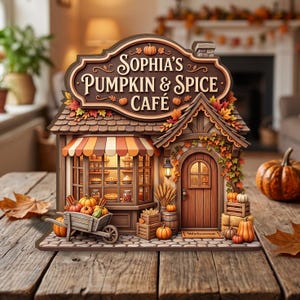 May include: A decorative wooden sign shaped like a shop titled Sophia's Pumpkin & Spice Café. The structure features a striped awning, a wooden door, a wheelbarrow filled with pumpkins, and autumn leaves. The sign is brown with orange accents.