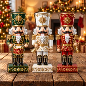 Peut inclure: Trois figurines casse-noisettes décoratives sur des socles rectangulaires. Celui de gauche est vert avec un tambour, celui du centre est blanc avec une trompette, et celui de droite est rouge avec une trompette. Chaque chapeau porte une étoile.