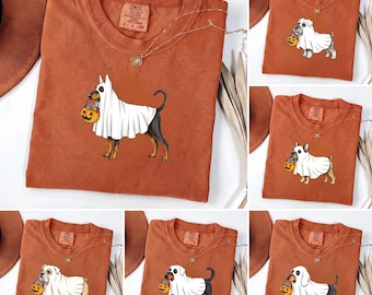 Halloween Dog Shirt Comfort Colors, Ghost Dog Trick or Treat Tee, 80+ Breeds Custom Dog Mom Gift, Frenchie Dachshund Labrador Fall Tee