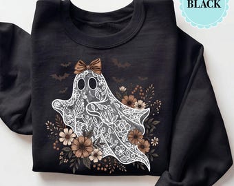 Coquette Lace Ghost Sweatshirt, Cute Fall Comfort Colors Shirt, Spooky Dark Cottagecore, Boho Floral Halloween, Retro Autumn Pullover