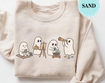 Cute Ghost Sweatshirt, Introvert Hobbies Shirt, Cozy Fall Comfort Colors, Knitting Plant Lover Gift, Cottagecore Halloween Apparel