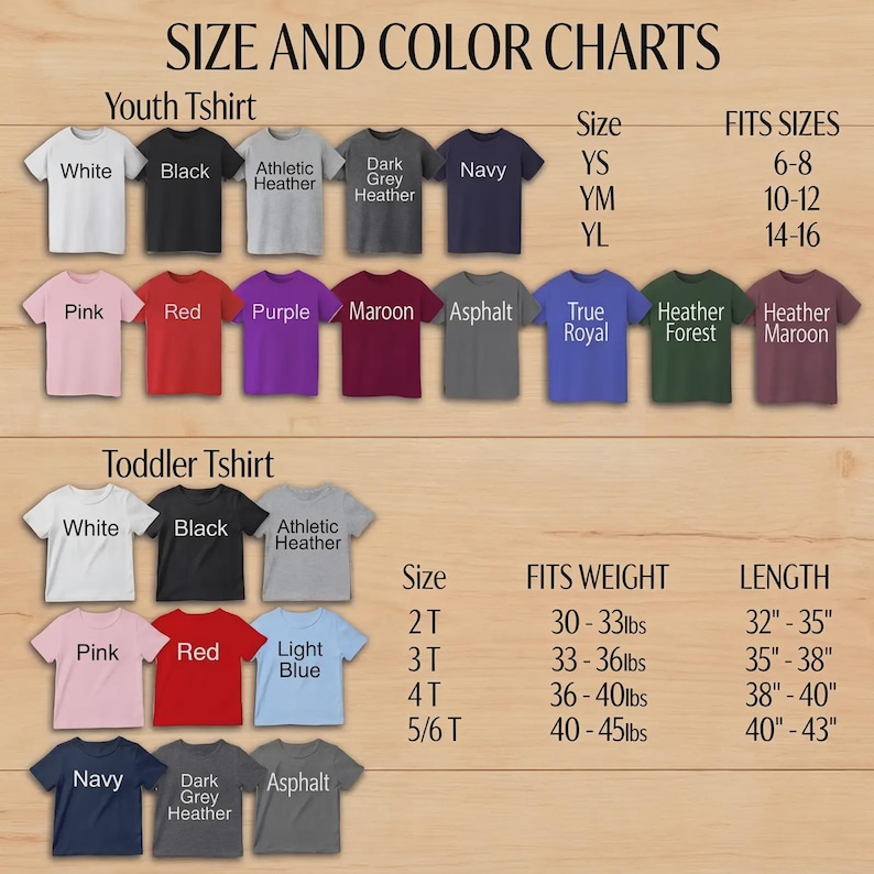 Puede incluir: Tabla de tallas y colores para camisetas juveniles y para ni&ntilde;os peque&ntilde;os. La tabla muestra varios colores, incluyendo blanco, negro, rosa, rojo, morado, granate y azul marino. Tambi&eacute;n muestra las medidas de talla, peso y longitud en pulgadas y libras.