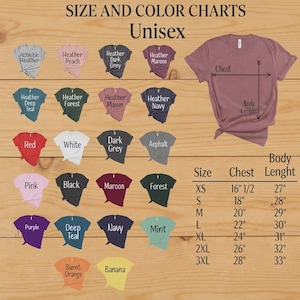 Puede incluir: Una tabla de tallas y colores para camisetas unisex. La tabla muestra varios colores de camisetas, incluyendo rojo, blanco y negro, con medidas en pulgadas. El texto "Tabla de tallas y colores Unisex" est&aacute; en la parte superior.