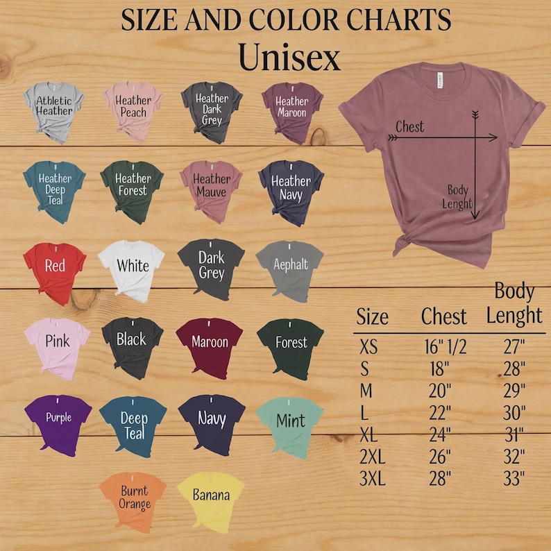 Puede incluir: Una tabla de tallas y colores para camisetas unisex. La tabla muestra varios colores de camisetas, incluyendo rojo, blanco y negro, con medidas en pulgadas. El texto "Tabla de tallas y colores Unisex" est&aacute; en la parte superior.