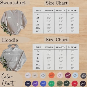Puede incluir: Una tabla de tallas para sudaderas y sudaderas con capucha, con medidas en pulgadas para el ancho, el largo y el largo de la manga. La tabla incluye tallas S, M, L, XL, 2XL y 3XL. Una tabla de colores muestra varias opciones de color.