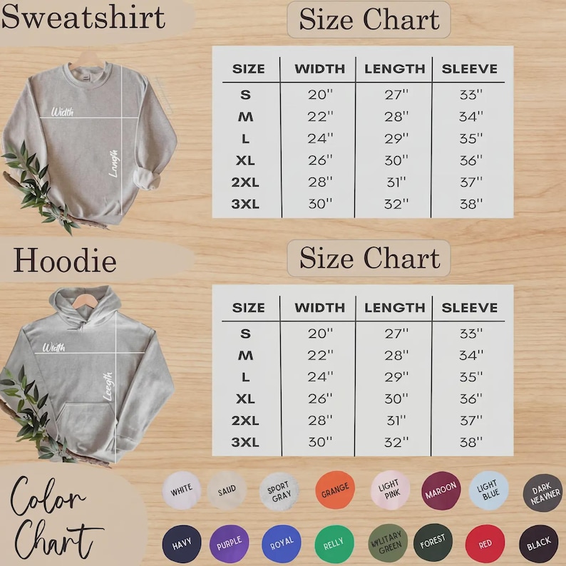 Puede incluir: Una tabla de tallas para sudaderas y sudaderas con capucha, con medidas en pulgadas para el ancho, el largo y el largo de la manga. La tabla incluye tallas S, M, L, XL, 2XL y 3XL. Una tabla de colores muestra varias opciones de color.