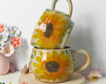 Tazza in ceramica fatta a mano con girasole, tazza da caffè floreale, regalo di fidanzamento, regali di girasole