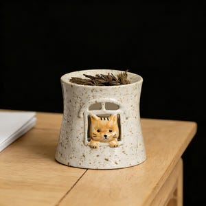 May include: A ceramic tea caddy with a cat design. The off-white caddy has a window with a 3D orange tabby cat peering out. The caddy is filled with dried tea leaves and sits on a wooden surface.