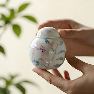 Könnte beinhalten: Eine kleine, runde Keramikdose mit Deckel, verziert mit einem floralen Muster in Rosa und Blau. Die Dose wird in zwei Händen gehalten, wodurch die zarten Maldetails hervorgehoben werden. Das Design deutet auf dekorative Kunst und feine Handwerkskunst hin.