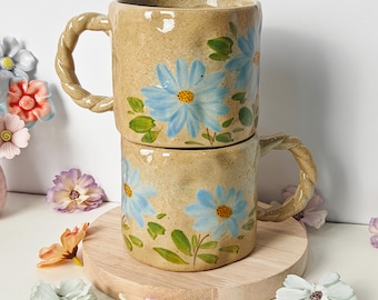 Hand-Painted Blue Daisy Ceramic Mug,Handmade Floral Coffee Cup