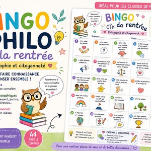Può includere: Una scheda di gioco Bingo Philo de la rentrée in formato A4 con una griglia di 25 caselle contenente domande filosofiche, illustrata con un gufo con occhiali, libri, cuori e stelle, completa di istruzioni e temi per l'uso in classe.