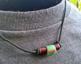 Leather Necklace: Green Venetian Trade - Red Bone