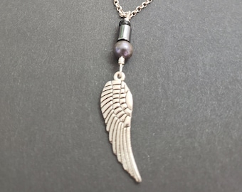 Antique Silver Wing and Freshwater Pearl Pendant on Sterling Rolo Chain Necklace