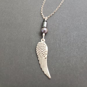 Antique Silver Wing and Freshwater Pearl Pendant on Sterling Rolo Chain Necklace