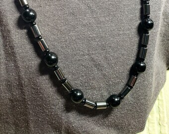 Black Czech Glass Hematite Bead Necklace