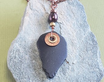 Dark Green Sea Glass Fresh Water Pearl Pendant on Antique Copper Chain Necklace