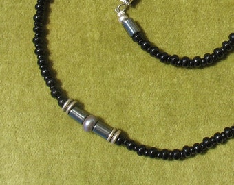 Fresh Water Pearl, Hematite, Black Czech Glass Necklace