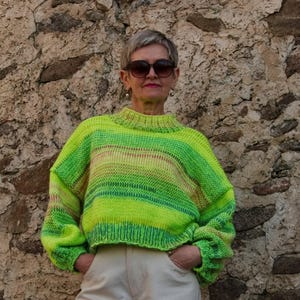 Hand Knitted Colorful Wool Blend Sweater – Oversized Puffy Sleeve Jumper