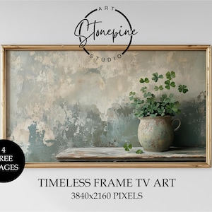 Rustic Clover Pitcher Frame TV Art: Farmhouse Shamrock Still Life Painting in Soft Neutral Sage Tones (St Patrick’s Day Digital Download)